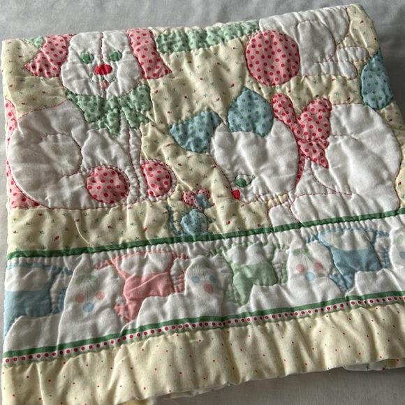 Vintage Nursery Baby Quilt Featuring Bear Cat Dog And Rabbit Rocking Horse Trim - Picture 2 of 16